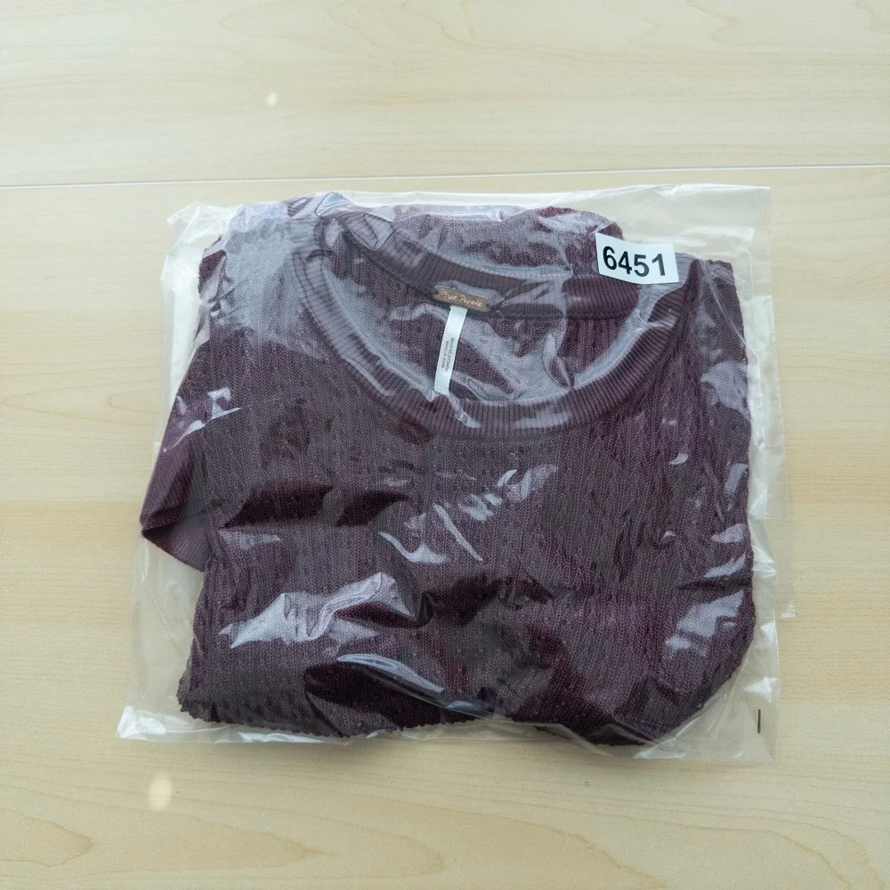 Free People H2O Crew Pullover Sheer Long Sleeve Top XL Burgundy Open Knit Layer